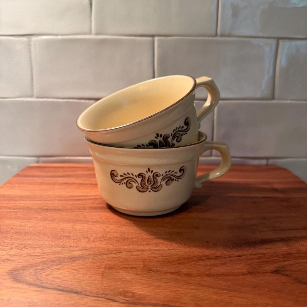 Vintage Pfaltzgraff Village Flat Coffee Cups Set of 2, Folk Art Tea Mugs